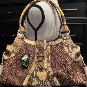 Sharif Bag Purse Snakeskin Tooled Leather w/Makeup Bag NEWW